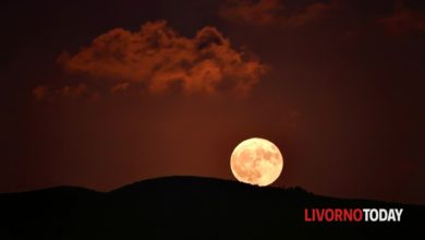 La meravigliosa Superluna rossa sorge dalle colline di Livorno: uno scatto spettacolare.