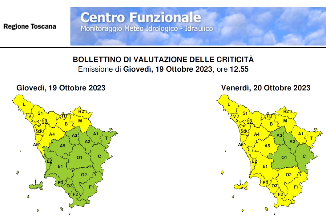 Fine allerta arancione, Protezione Civile prevede temporali forti (codice giallo) con rischio di alluvioni.