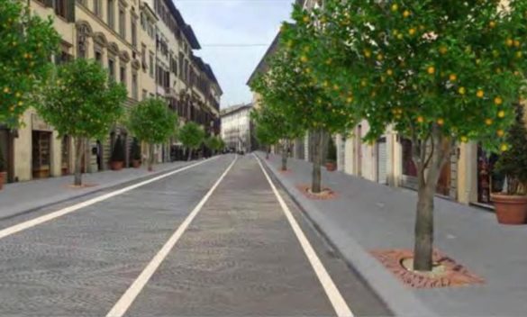 Inizia il cantiere in via Cavour per i marciapiedi larghi e alberi d'arancio a Firenze.