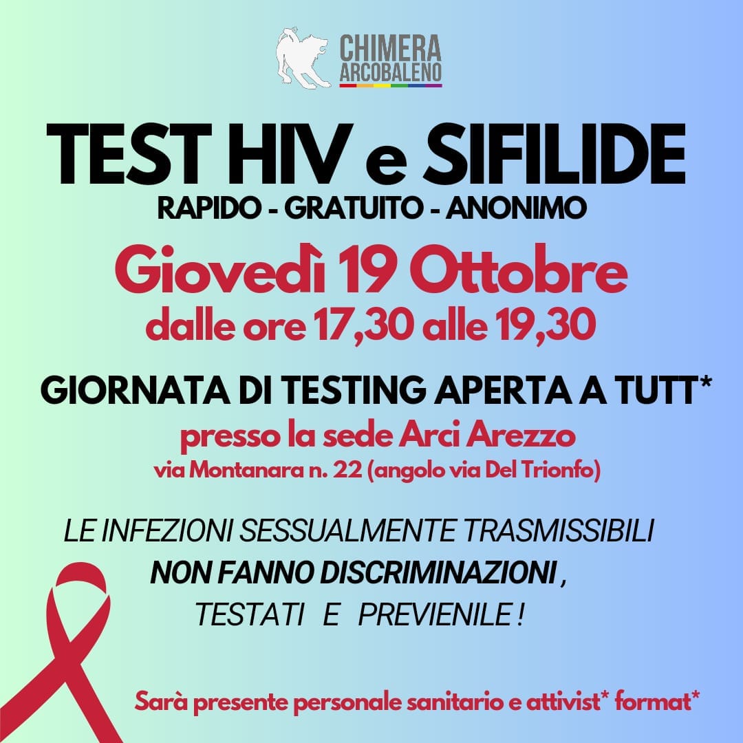 Test HIV, sifilide gratuiti nella sede Arci Arezzo, rapidi e anonimi.