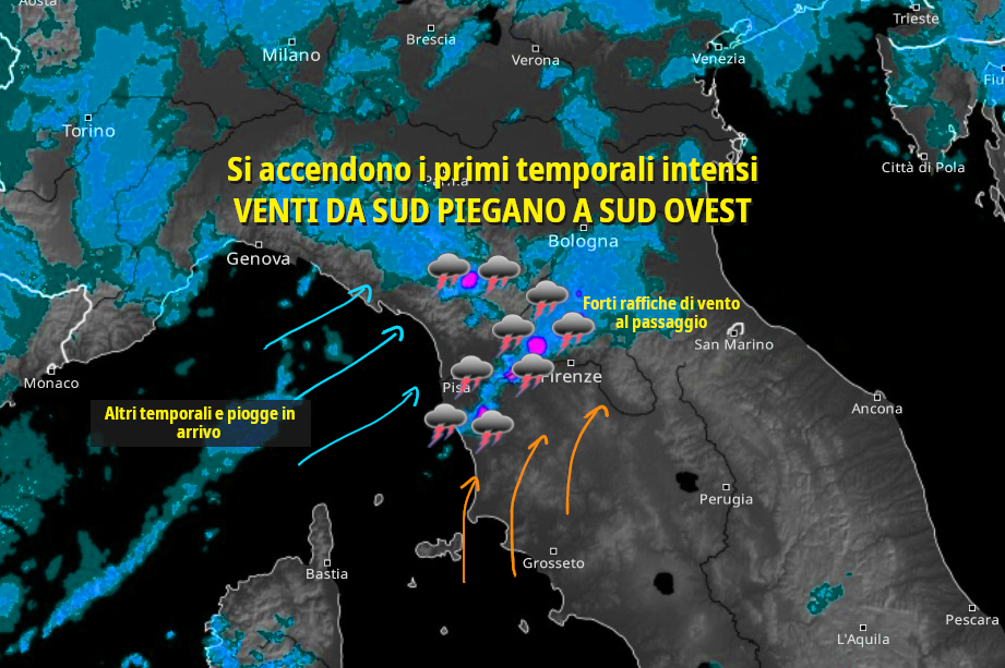 Aggiornamenti meteo Toscana, forti temporali lungo la linea Livorno-Pisa-Firenze-Prato.