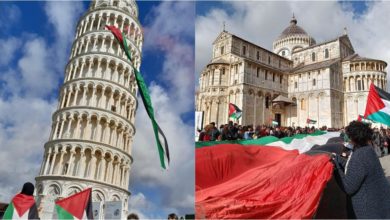 Bandiera gigante della Palestina sulla Torre di Pisa. Blitz dei manifestanti causa polemiche.