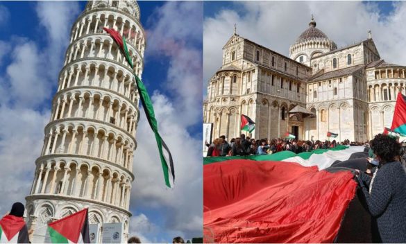 Bandiera gigante della Palestina sulla Torre di Pisa. Blitz dei manifestanti causa polemiche.