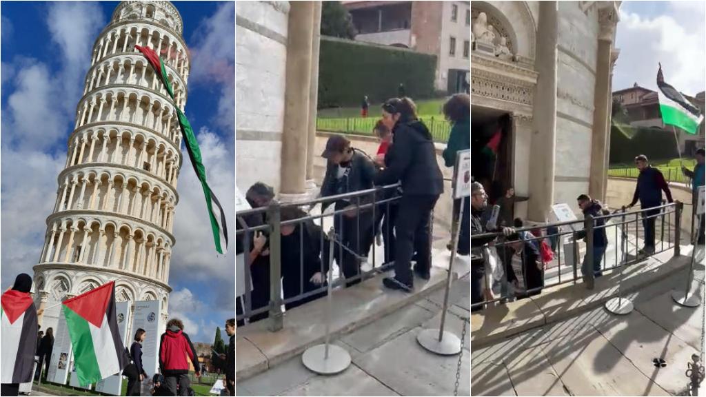 Blitz pro Palestina sulla Torre di Pisa, danni e querele per l'ingresso con la forza.
