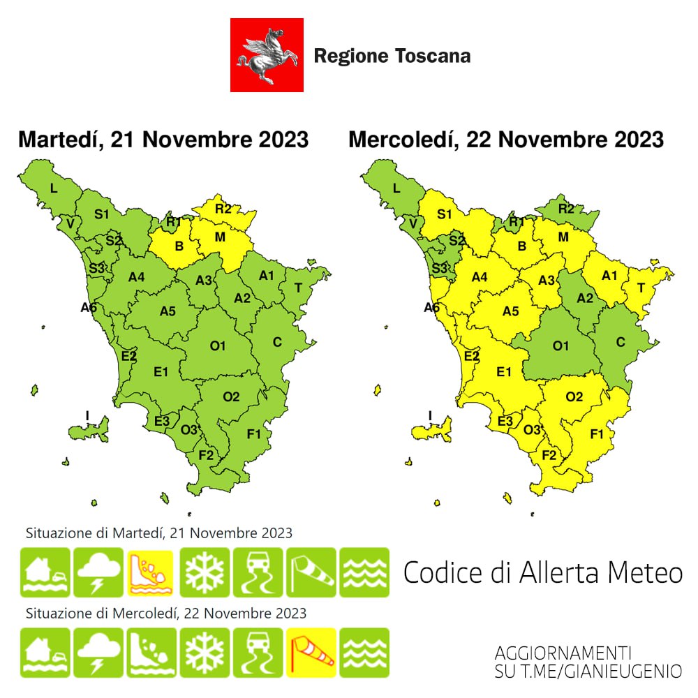 "Nuovo codice giallo per rischio idraulico e vento forte mercoledì 22 novembre - Il Gazzettino del Chianti e delle colline fiorentine" - Avviso di pericoli meteo in Toscana per il 22 novembre.