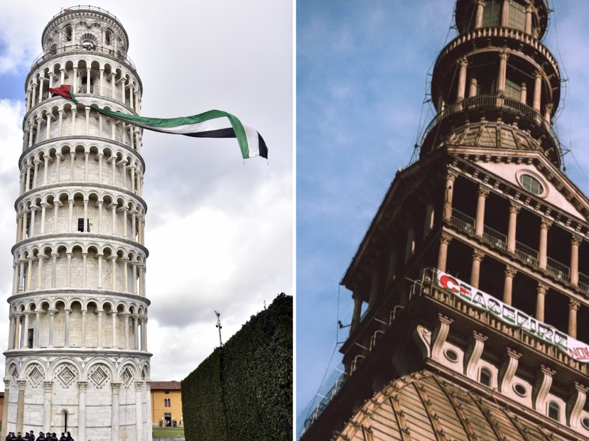 Riassumi questo titolo tra 55 e 65 caratteri La torre di Pisa, l'arco della pace, la Mole Antonelliana, l'ultimo sfregio dei pro Hamas