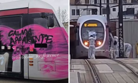Vandali in tuta bianca imbrattano tramvia a Firenze, passeggeri costretti a scendere – Video